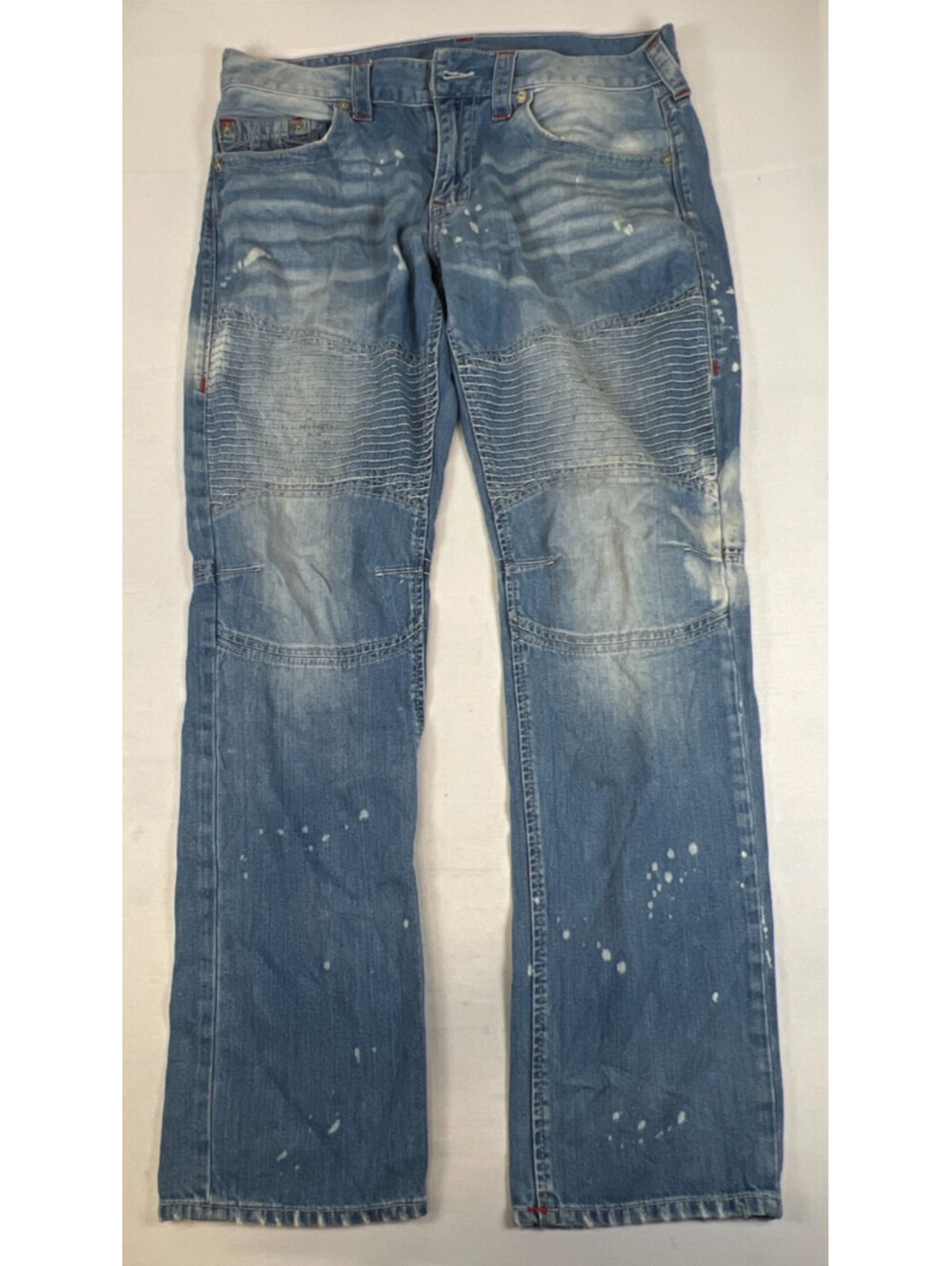 True Religion Men Size 36 Slim Moto Jeans Blue Paint Splatter Denim Pants